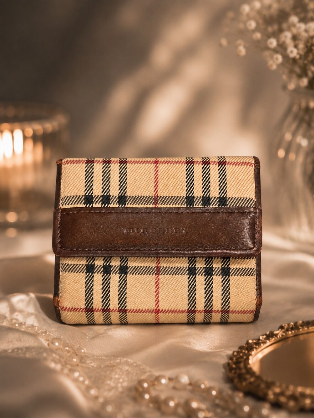 Vintage Burberry Nova Check Trifold Wallet Beige Canvas Brown Leather Authentic